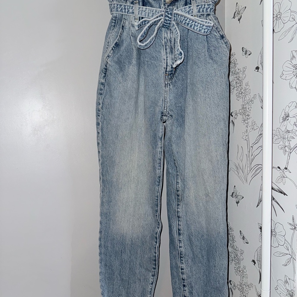 Light Blue High Rise Jeans with Paper Bag Waist and Relaxed Fit